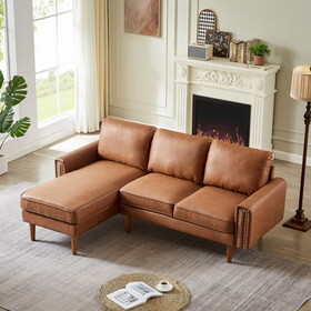 82.2"L-Shape Sofa Couch with Chais Mid-Century Copper Nail on Arms,strong wooden leg and suede fabric design that will complement any living space.Left Chaise, Brown P-W1825P147942