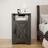 Modern Dark Grey Wood Tall Cabinet Small Nightstand Bed Side Table with Charging Station Living Room W1828137427