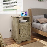 Light Gray Door Wood Nightstands Cabinet Tall Bedside Table with Charging Station Bedroom Living Room W1828137429