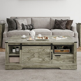 Wood Barn Door Coffee Table Light Gray Sofa Small Side End Tables Living Room with Drawer Storage W1828137435