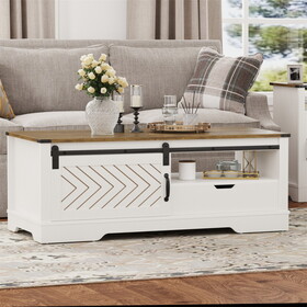 Small Coffee Table White Wood Living Room Sofa Side End Tables with Barn Door Drawer Storage W1828137547
