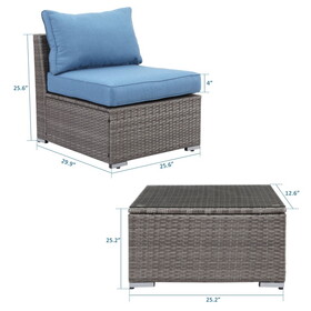 2 Pieces Patio Armless Blue Brown Single Rattan Wicker Sofa Couches Furniture with End Side Table Outdoor W1828140351