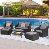 Patio Dark Gray Ottoman Footstool Set Rattan with Side Table Furniture Outdoor W1828P149791