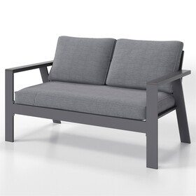 Small Patio Dual Reclining Sofa Grey Aluminum Outdoor Couch with Wod Grain Arm W1828P160653