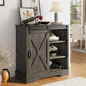 Tall Grey Wood Wine Corner Coffee Bar Cabinet with Storage Barn Door Shelves Adjustable Living Room W1828P162615