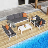 5 Piece Patio Outdoor Aluminum Furniture Grey White Modern Couches Sofas Set with Garden Coffee Table W1828S00049