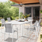 Adjustable Folding Table White Waterproof Texilene Mesh Fabric Aluminum Patio Dining Table Chair Set of 5 7 9 Kitchen Outdoor W1828S00058