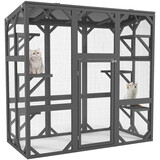 Catio Outdoor Cat Enclosure Cat House Wooden Cat Cage Large Feral Cat Shelter for Mulitiple Cats with Six Platforms, Large Enter Door, Waterproof Roof 60