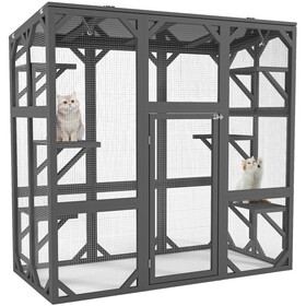 Catio Outdoor Cat Enclosure Cat House Wooden Cat Cage Large Feral Cat Shelter for Mulitiple Cats with Six Platforms, Large Enter Door, Waterproof Roof 60" Grey W1850P188227