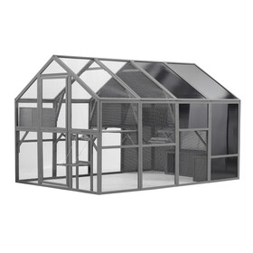 Luxury Cat Cage Outdoor Wooden Catio Enclosure Patio Large Cat Run House for Multiple Pets Walk in Kitten Kennel with Bouncy Bridge, Platforms, Small Houses, Seating and Sunshine Panel- 108.7", Gray