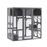 Outdoor Wooden Cat House Catio Enclosure with Super Large Enter Door Cat Kennel with Bouncy Bridge, Platforms and Small Houses Walk in Kitten Cage with Sunshine Board - L67.5