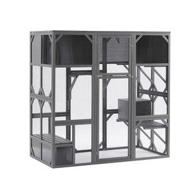 Outdoor Wooden Cat House Catio Enclosure with Super Large Enter Door Cat Kennel with Bouncy Bridge, Platforms and Small Houses Walk in Kitten Cage with Sunshine Board - L67.5", Dark Grey W1850S00002