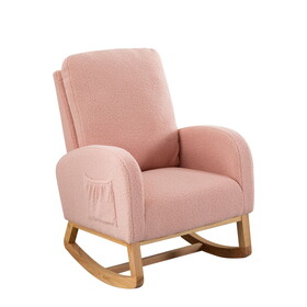 27.2"W Rocking Chair for Nursery, Sherpa Glider Chair with High Back and Side Pocket, Rocking Accent Armchair with Rubber Wood Legs for Living Room/Bedroom.Pink