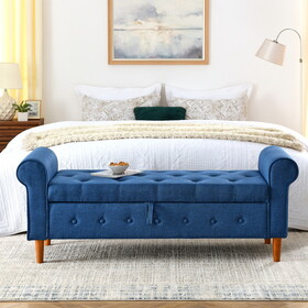 62" Bedroom Tufted Button Storage Bench, Linen Upholstered Ottoman, Window Bench, Rolled Arm Design for Bedroom, Living Room, Foyer (Blue)