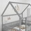 Full Size Floor Wooden Bed with House Roof Frame, Fence Guardrails,Grey W1858123988
