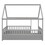 Full Size Floor Wooden Bed with House Roof Frame, Fence Guardrails,Grey W1858123988