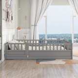 Full size Floor bed, integral construction with super high security barrier, door, children's floor bed frame, Montessori wooden children's floor bed, Support slat Grey W1858P164944