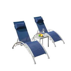 Pool Lounge Chairs Set of 3, Adjustable Aluminum Outdoor Chaise Lounge Chairs with Metal Side Table, All Weather for Deck Lawn Poolside Backyard (Blue, 2 Lounge Chirs+1 Table) W1859109831