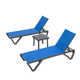 Patio Chaise Lounge Chair Set of 3,Outdoor Aluminum Polypropylene Sunbathing Chair with 5 Adjustable Position,Side Table for Beach,Yard,Balcony,Poolside(Blue, 2 Lounge Chairs+1 Tbale) W1859109842