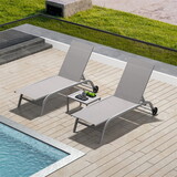Chaise Lounge Outdoor Set of 3, Lounge Chairs for Outside with Wheels, Outdoor Lounge Chairs with 5 Adjustable Position, Pool Lounge Chairs for Patio, Beach(Grey,2 Lounge Chairs+1 Table) W1859109851