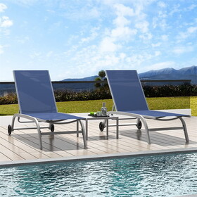Chaise Lounge Outdoor Set of 3, Lounge Chairs for Outside with Wheels, Outdoor Lounge Chairs with 5 Adjustable Position, Pool Lounge Chairs for Patio, Beach(Blue, 2 Lounge Chairs+1 Table) W1859109855