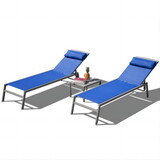 Patio Chaise Lounge Set, 3 Pieces Adjustable Aluminum Backrest Pool Lounge Chairs Textilene Sunbathing Recliner with Headrest (Blue,2 Lounge Chairs+1 Table) W1859109864