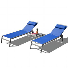Patio Chaise Lounge Set, 3 Pieces Adjustable Aluminum Backrest Pool Lounge Chairs Textilene Sunbathing Recliner with Headrest (Blue,2 Lounge Chairs+1 Table) W1859109864