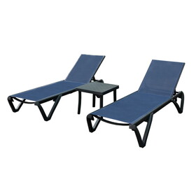 Outdoor Lounge Chair, Aluminum Plastic Patio Chaise Lounge with Side Table & 5 Position Adjustable Backrest & Wheels, All Weather Reclining Chair for Outside Beach Poolside Lawn, Navy Blue