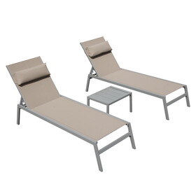 Patio Chaise Lounge Set of 3, Aluminum Pool Lounge Chairs with Side Table, Outdoor Adjustable Recliner All Weather for Poolside, Beach, Yard, Balcony (Khaki)