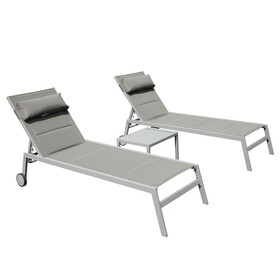 Outdoor Patio Chaise Lounge Set of 3, Aluminum Pool Lounge Chairs with Side Table and Wheels, Textilene Padded Adjustable Recliner All Weather for Poolside, Beach, Yard, Balcony (Gray)