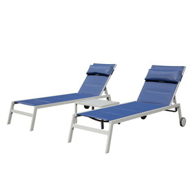 Outdoor Patio Chaise Lounge Set of 3, Aluminum Pool Lounge Chairs with Side Table and Wheels, Textilene Padded Adjustable Recliner All Weather for Poolside, Beach, Yard, Balcony (Navy Blue)