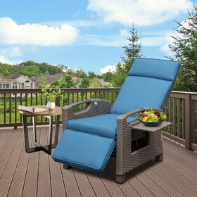Outdoor Recliner Chair, Patio Recliner with Hand-Woven Wicker, Flip Table Push Back, Adjustable Angle, 6.8" Thickness Cushions, Reclining Lounge Chair for Indoor and Outdoor, Navy Blue W1859P196402