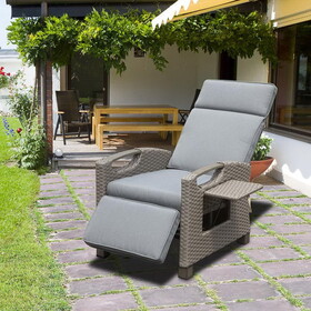 Outdoor Recliner Chair, Patio Recliner with Hand-Woven Wicker, Flip Table Push Back, Adjustable Angle, 6.8" Thickness Cushions, Reclining Lounge Chair for Indoor and Outdoor, Gray W1859P196424