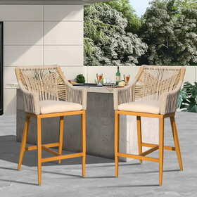 Bar Stools Set of 2, Outdoor Counter Height Bar Chairs with Arm and Backrest, Aluminum Tall Bar stools with Cushion Modern Textilene Rope Boho Barstools for Garden, Pool, Patio, Kitchen-Square Backres