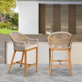 Bar Stools Set of 2 with Arm and Backrest, Outdoor Counter Height Bar Chairs with Cushion, Aluminum Tall Bar stools Modern Textilene Rope Boho Barstools for Garden, Pool, Patio, Kitchen-Rounded Backre