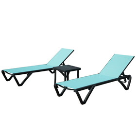 Outdoor Lounge Chair, Aluminum Plastic Patio Chaise Lounge with Side Table & 5 Position Adjustable Backrest & Wheels, All Weather Reclining Chair for Outside Beach Poolside Lawn, Lake Blue