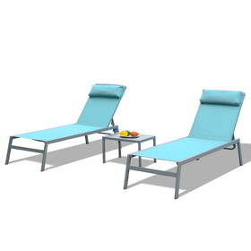 Patio Chaise Lounge Set, 3 Pieces Aluminum Adjustable Pool Lounge Chairs Textilene Sunbathing Recliner with Headrest (Lake Blue,2 Lounge Chairs +1 Table) W1859P225800