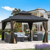 12'x12' Hardtop Gazebo, Outdoor Aluminum Frame Canopy with Galvanized Steel Double Roof, Outdoor Permanent Metal Pavilion with Curtains and Netting for Patio, Backyard and Lawn(Brown) W1859S00008