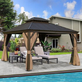12'x14' Hardtop Gazebo, Outdoor Aluminum Frame Canopy with Galvanized Steel Double Roof, Outdoor Permanent Metal Pavilion with Curtains and Netting for Patio, Backyard and Lawn(Brown) W1859S00010