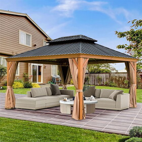 12'x14' Hardtop Gazebo, Wooden Coated Aluminum Frame Canopy with Galvanized Steel Double Roof, Outdoor Permanent Metal Pavilion with Curtains and Netting for Patio, Deck and Lawn(Wood-Looking)