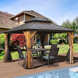 12'x12' Hardtop Gazebo, Outdoor Cedar Wood Frame Canopy with Galvanized Steel Double Roof, Outdoor Permanent Metal Pavilion with Curtains and Netting for Patio, Backyard and Lawn(Brown) W1859S00017