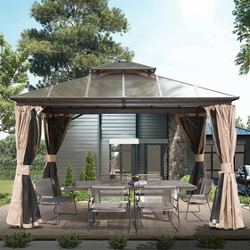 12'x12' Hardtop Gazebo, Permanent Outdoor Gazebo with Polycarbonate Double Roof, Aluminum Gazebo Pavilion with Curtain and Net for Garden, Patio, Lawns, Deck, Backyard(Brown) W1859S00023