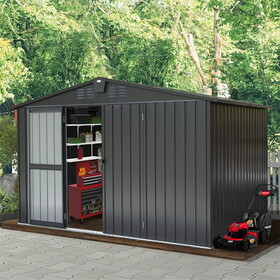 Outdoor Storage Shed 10'x 8', Metal Garden Shed for Bike, Trash Can, Tools, Galvanized Steel Outdoor Storage Cabinet with Lockable Door for Backyard, Patio, Lawn (10x8ft, Black) W1859S00032