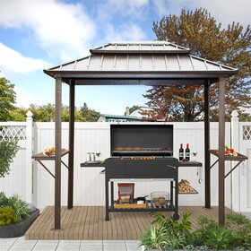 Grill Gazebo 8' X 6', Aluminum BBQ Gazebo Outdoor Metal Frame with Shelves Serving Tables, Permanent Double Roof Hard top Gazebos for Patio Lawn Deck Backyard and Garden (Brown) W1859S00037