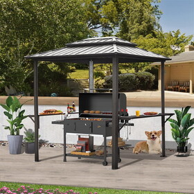 Grill Gazebo 8' X 6', Aluminum BBQ Gazebo Outdoor Metal Frame with Shelves Serving Tables, Permanent Double Roof Hard top Gazebos for Patio Lawn Deck Backyard and Garden (Grey) W1859S00038