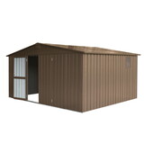 Backyard Storage Shed 11' x 12.5' with Galvanized Steel Frame & Windows, Outdoor Garden Shed Metal Utility Tool Storage Room with Lockable Door for Patio(Brown) W1859S00068