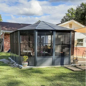 13 x 13 FT Sunroom Octagonal Solarium,Screen Houses for Outdoors Backyard with Lockable Sliding Door,Moveable PC Screen,Galvanized Steel Sloping Roof W1859S00081