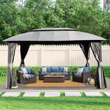 Gazebo 10x14FT, Outdoor Gazebo with Double Roofs, Privacy Curtains, Mosquito Nettings, Heavy Duty Metal Frame Party Tent Canopy for Patio, Backyard, Deck, Lawn, Grey W1859S00082