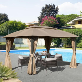 Gazebo 10x14FT, Outdoor Gazebo with Double Roofs, Privacy Curtains, Mosquito Nettings, Heavy Duty Metal Frame Party Tent Canopy for Patio, Backyard, Deck, Lawn, Brown W1859S00083