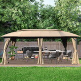 Gazebo 10x20FT, Outdoor Gazebo with Double Roofs, Privacy Curtains, Mosquito Nettings, Heavy Duty Metal Frame Party Tent Canopy for Patio, Backyard, Deck, Lawn, Brown W1859S00085